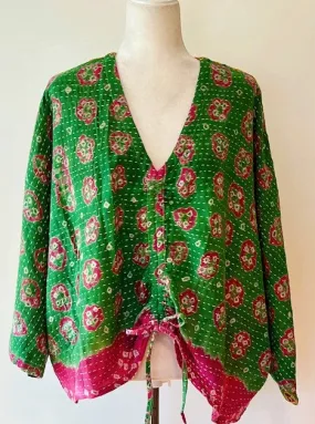 Kantha Bae Cotton Artisan Butterfly Top (Green and Pink)