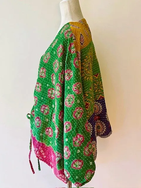 Kantha Bae Cotton Artisan Butterfly Top (Green and Pink)