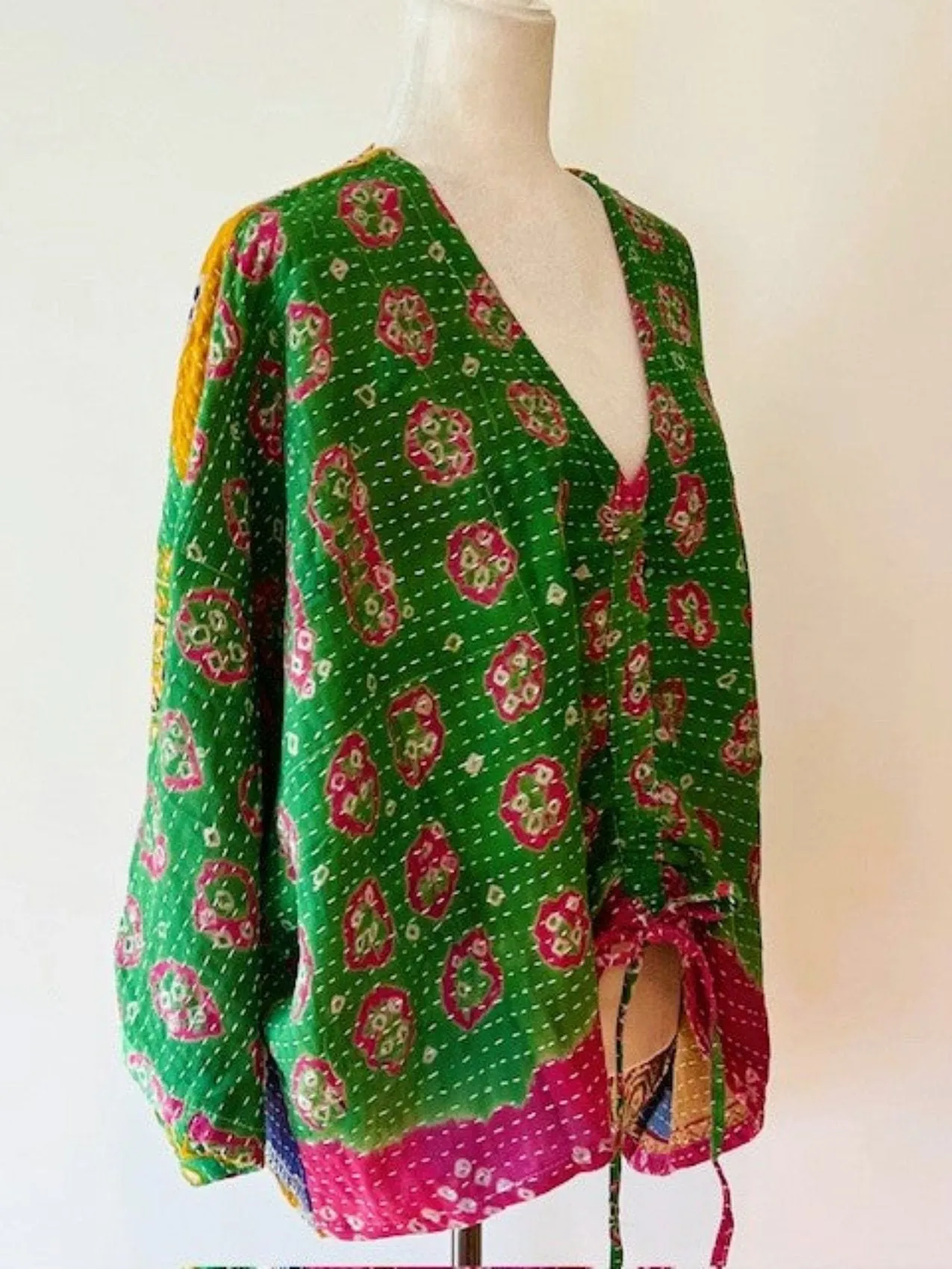 Kantha Bae Cotton Artisan Butterfly Top (Green and Pink)