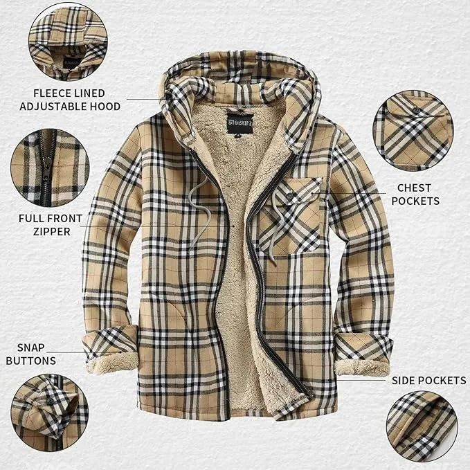 Men's Sherpa Black & White Plaid Hooded Long Sleeve Jacket