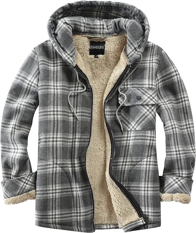 Men's Sherpa Black & White Plaid Hooded Long Sleeve Jacket