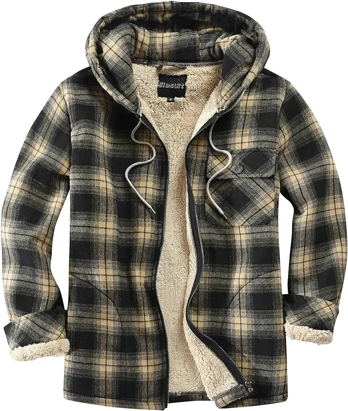 Men's Sherpa Black & White Plaid Hooded Long Sleeve Jacket