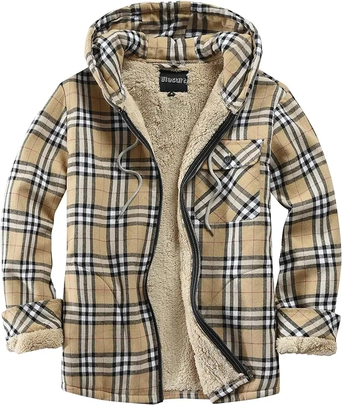 Men's Sherpa Black & White Plaid Hooded Long Sleeve Jacket