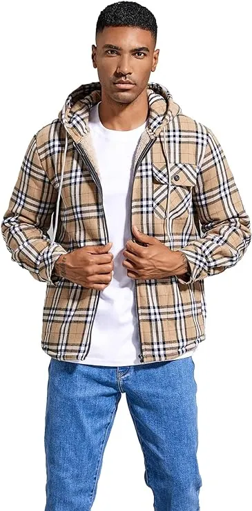 Men's Sherpa Black & White Plaid Hooded Long Sleeve Jacket