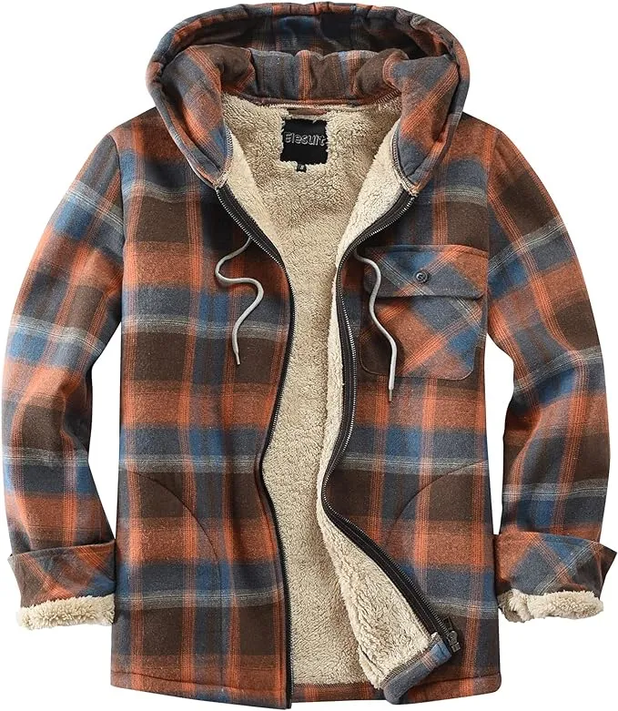 Men's Sherpa Black & White Plaid Hooded Long Sleeve Jacket
