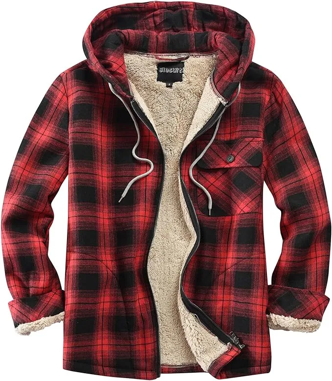 Men's Sherpa Black & White Plaid Hooded Long Sleeve Jacket