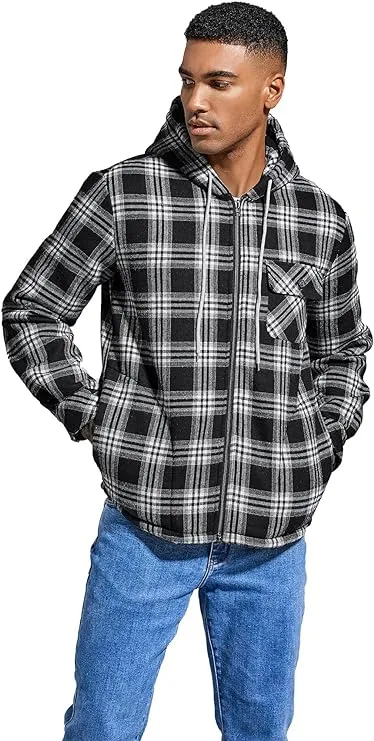 Men's Sherpa Black & White Plaid Hooded Long Sleeve Jacket