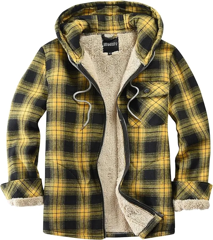 Men's Sherpa Black & White Plaid Hooded Long Sleeve Jacket