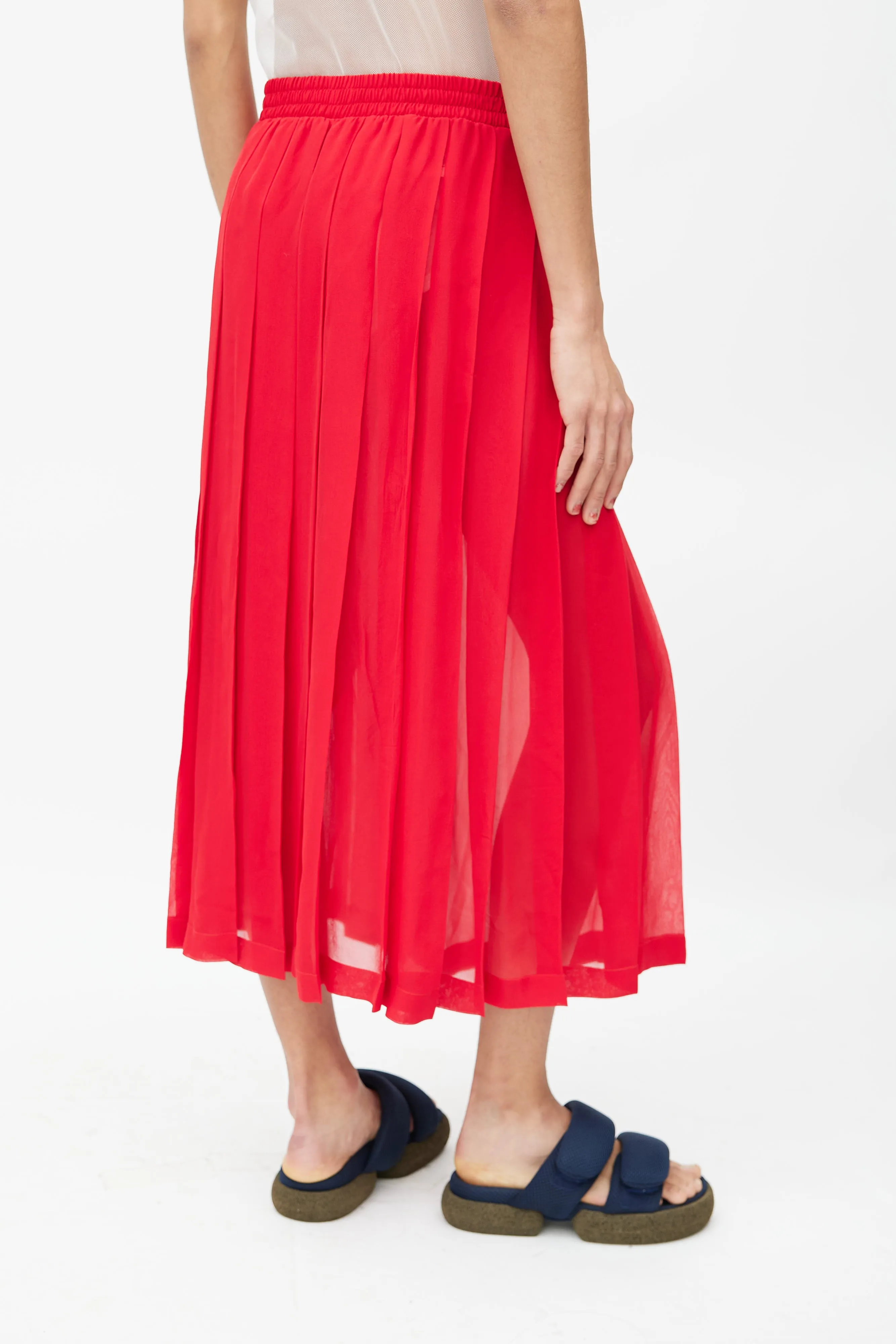 Red Silk Pleated Drawstring Skirt