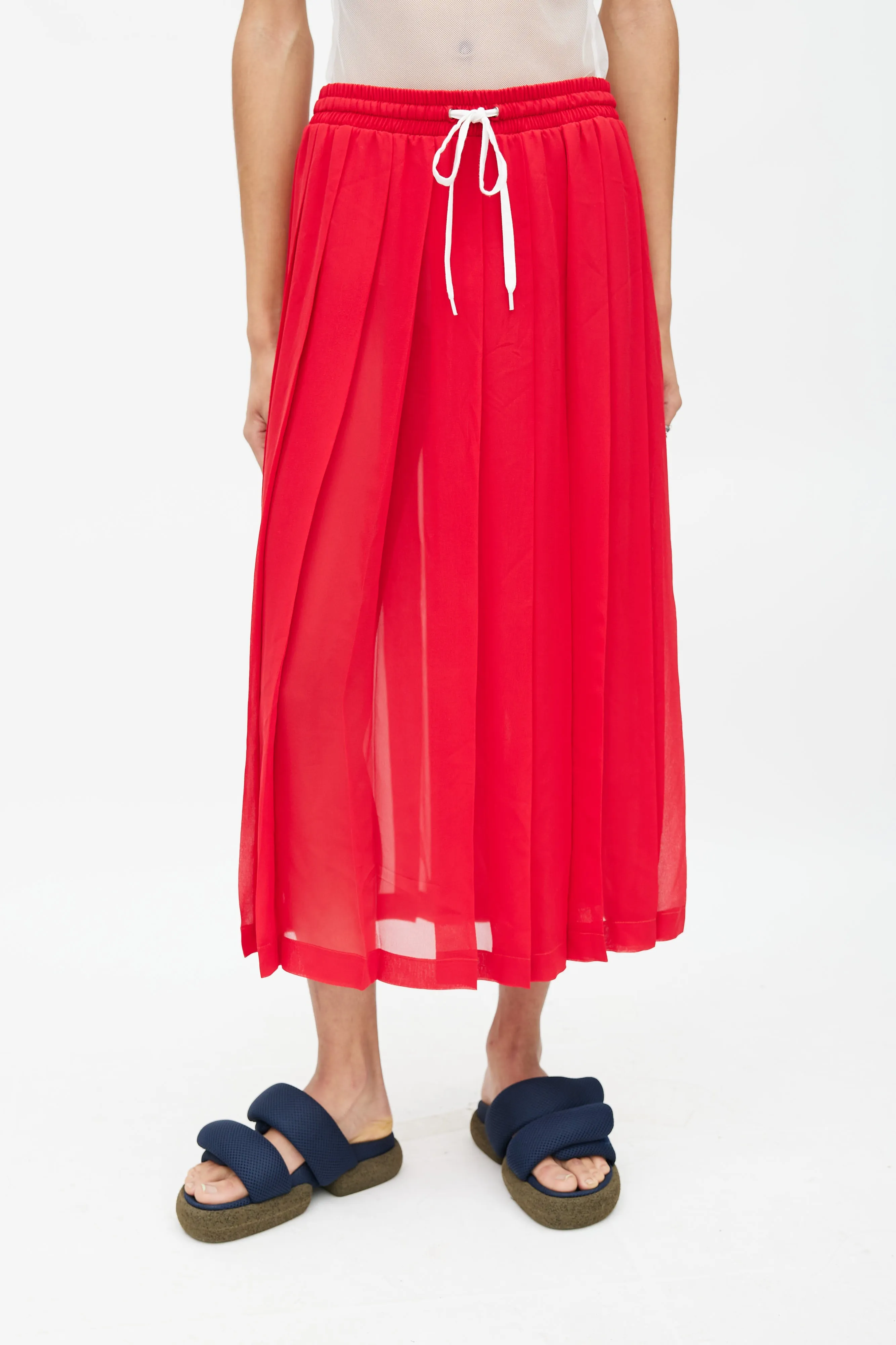 Red Silk Pleated Drawstring Skirt