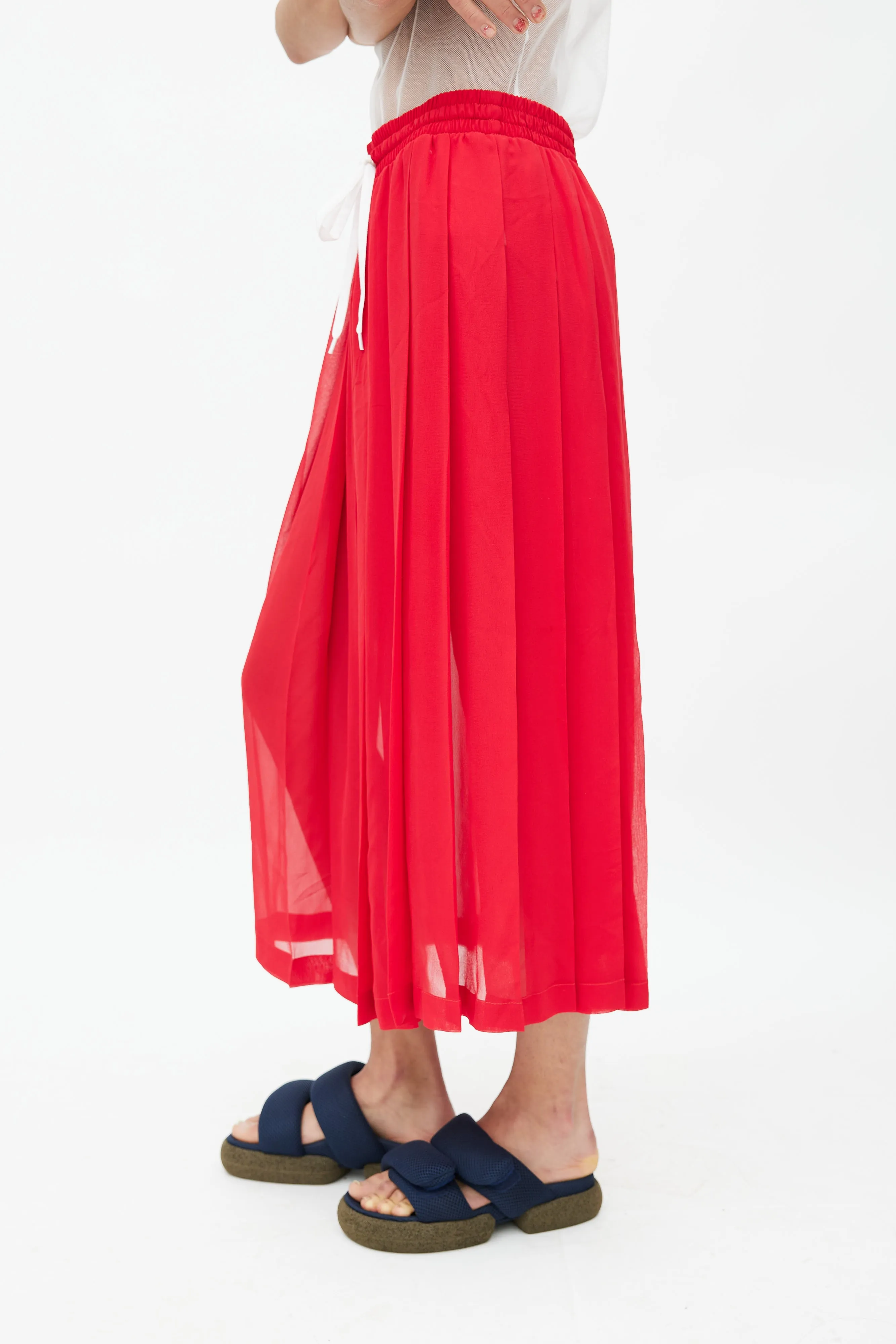 Red Silk Pleated Drawstring Skirt