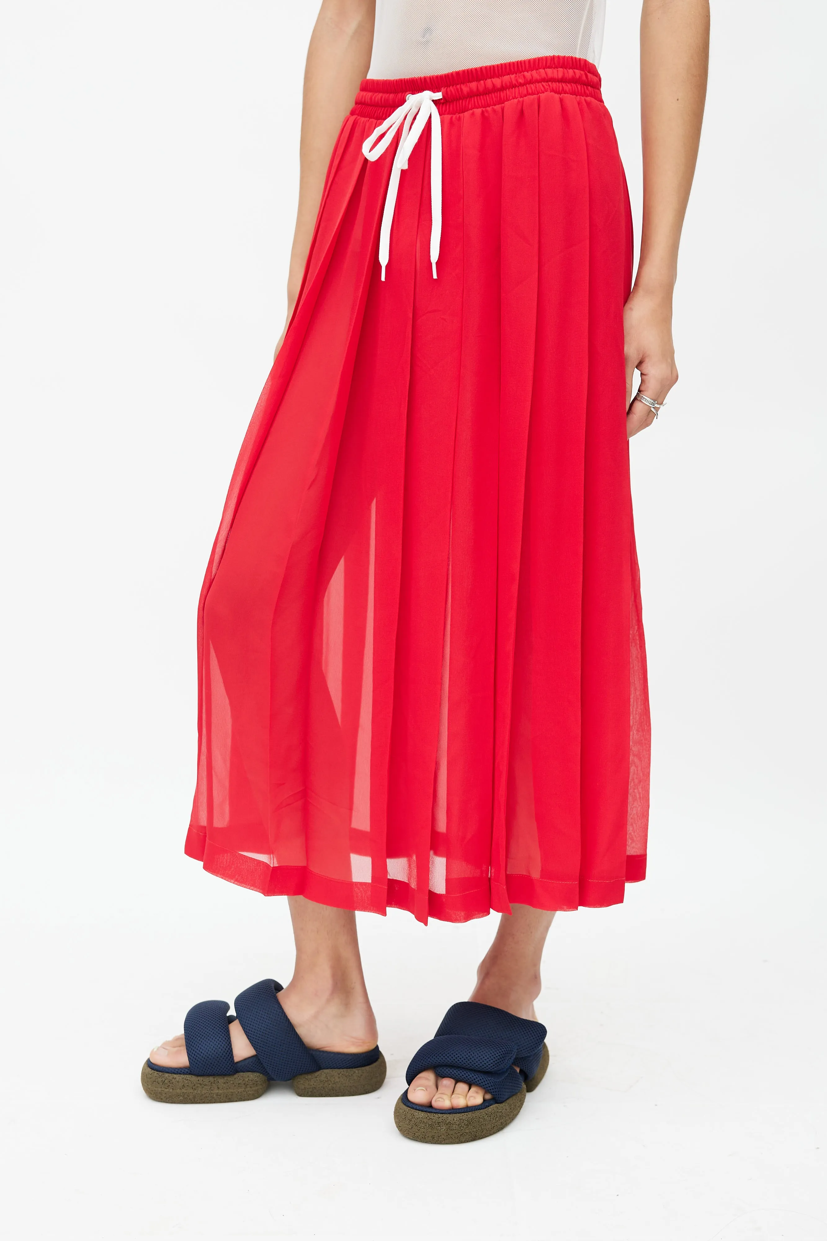 Red Silk Pleated Drawstring Skirt