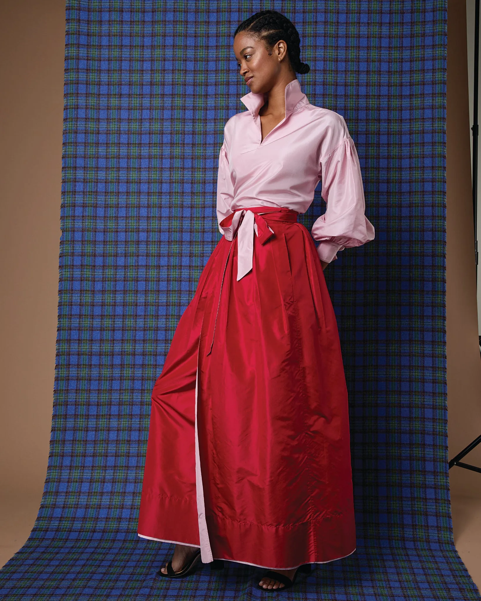 Reversible Pleated Wrap Skirt in Light Pink/Red Silk Taffeta