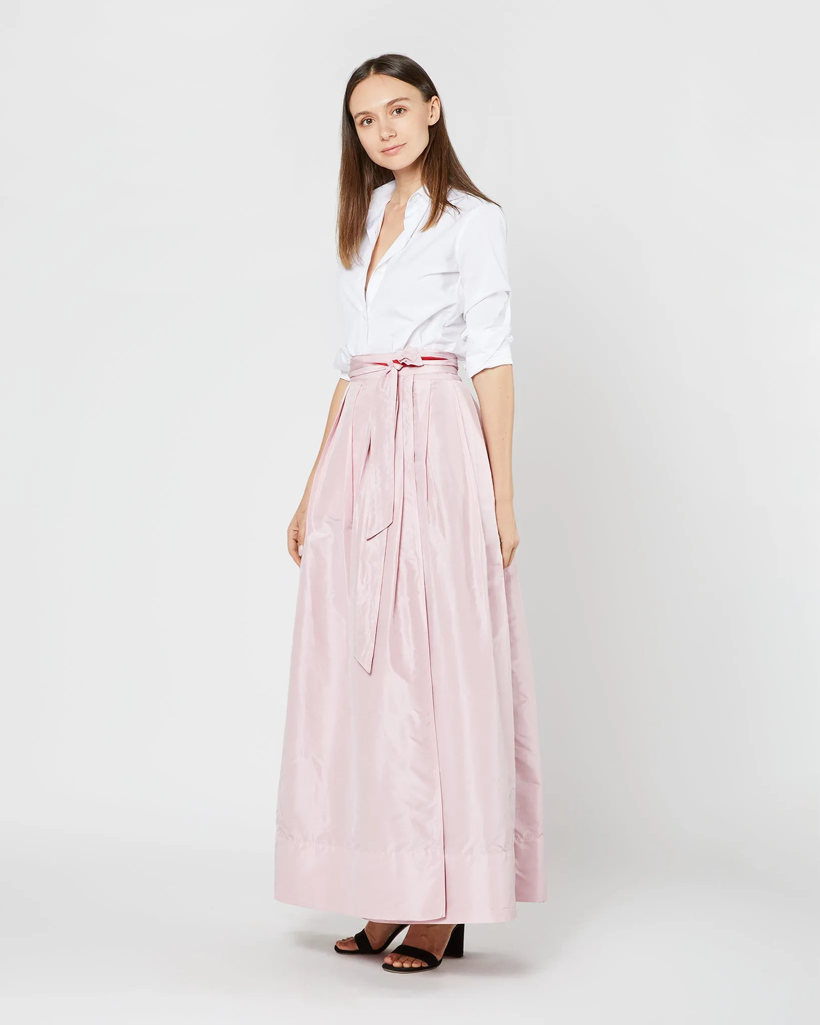Reversible Pleated Wrap Skirt in Light Pink/Red Silk Taffeta